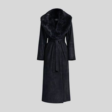 Damen Schwarzer Goatsuede Mantel mit Fellkragen – Veloura