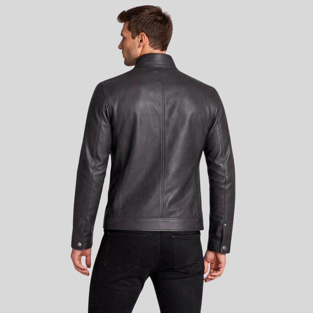 Herren Lederjacke Bikerjacke Grau – Stehkragen Design