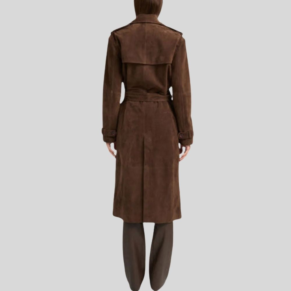 Damen Goatsuede Trenchcoat Vintage Dunkelbraun – Longline Belted Tailored Fit Wildledermantel