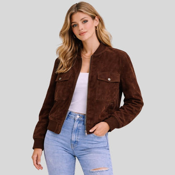 Damen Dunkelbraune Goatsuede Bomberjacke – Slim Fit Velora Edge