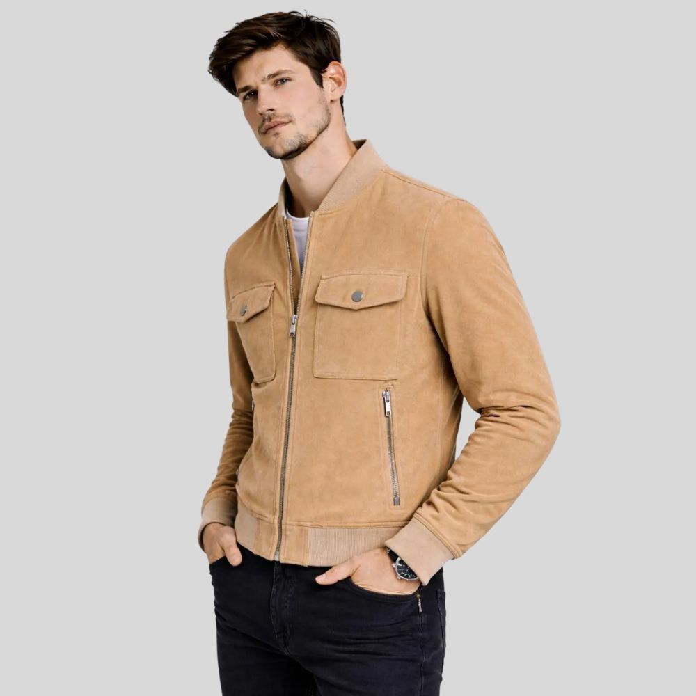 Herren Bomberjacke Wildleder Camel Utility