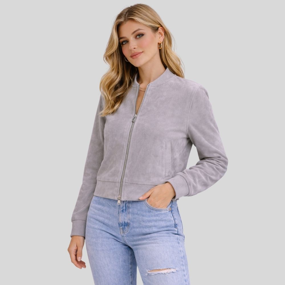 Damen Graue Goatsuede Bomberjacke – Slim Fit Aria Mist