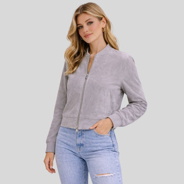 Damen Graue Goatsuede Bomberjacke – Slim Fit Aria Mist