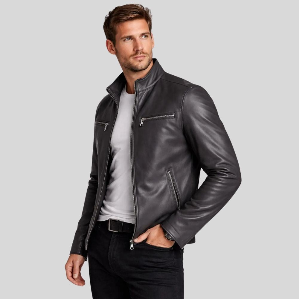 Herren Lederjacke Bikerjacke Grau – Stehkragen Design