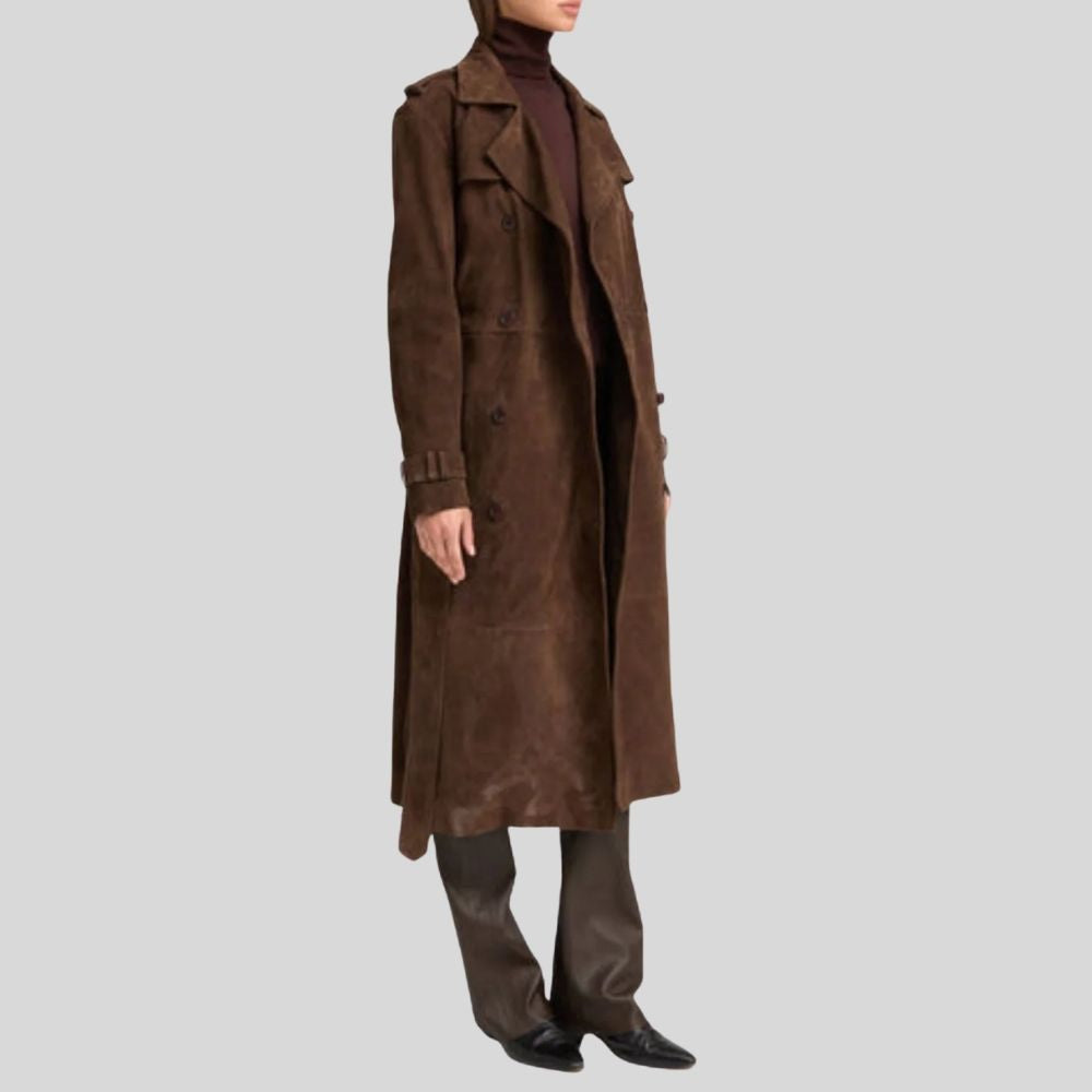 Damen Goatsuede Trenchcoat Vintage Dunkelbraun – Longline Belted Tailored Fit Wildledermantel