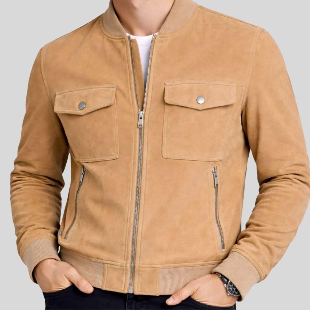 Herren Bomberjacke Wildleder Camel Utility