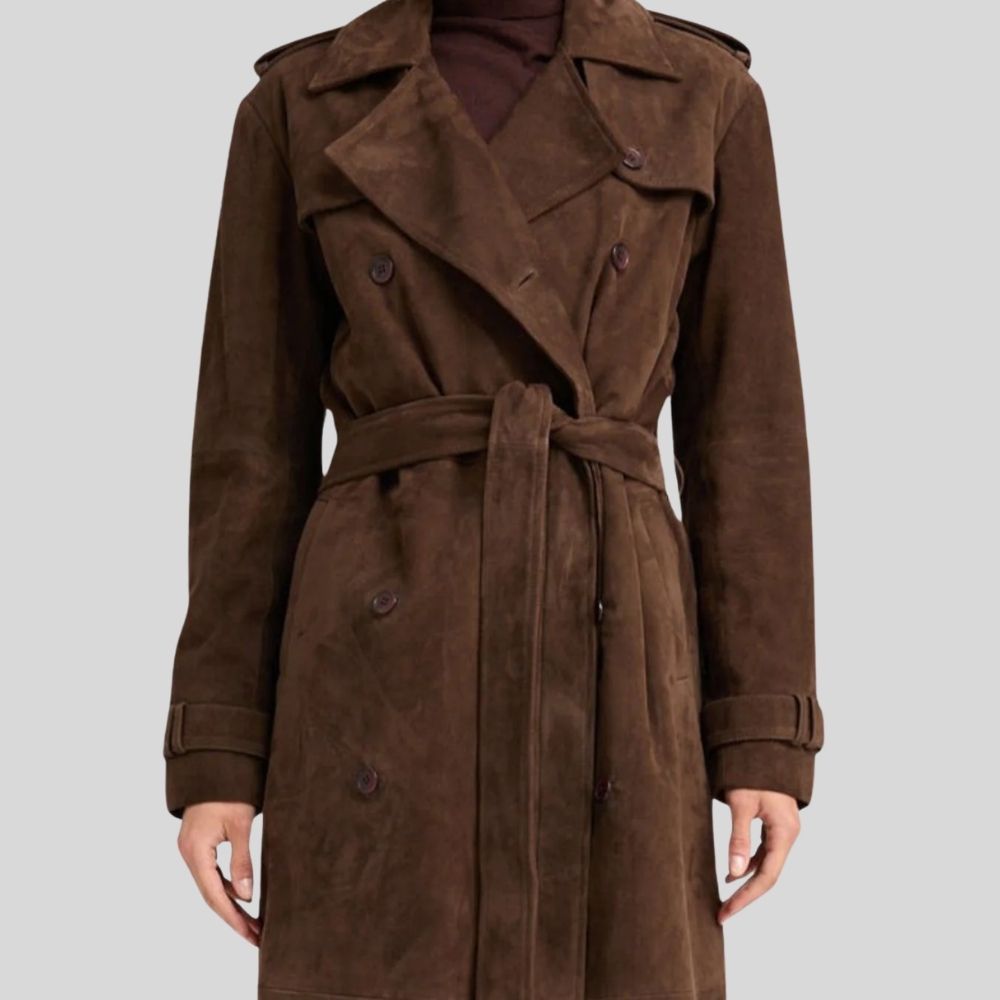 Damen Goatsuede Trenchcoat Vintage Dunkelbraun – Longline Belted Tailored Fit Wildledermantel