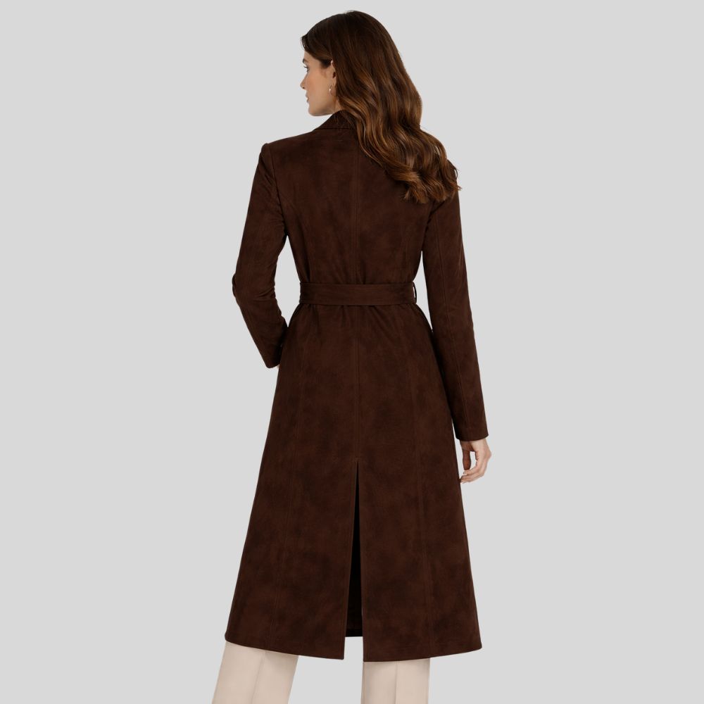 Damen Goatsuede Mantel Dunkelbraun – Longline Belted Tailored Fit Wildledermantel