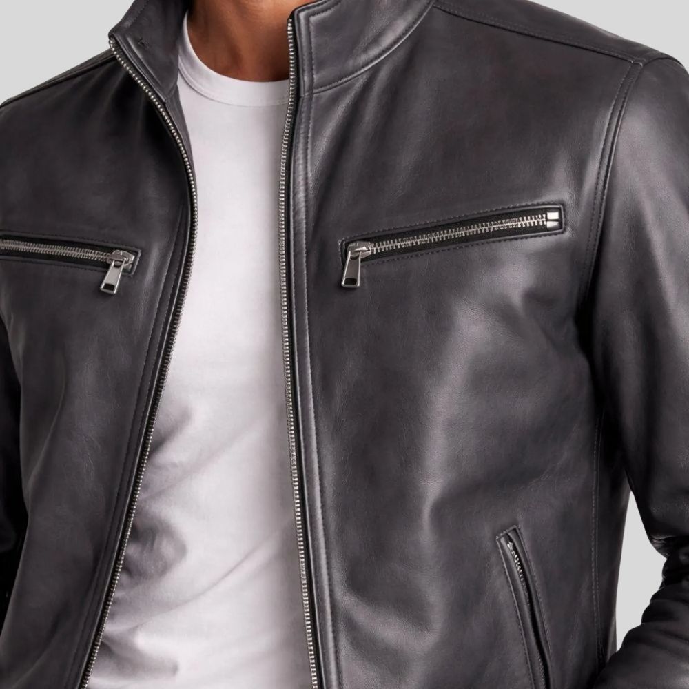 Herren Lederjacke Bikerjacke Grau – Stehkragen Design