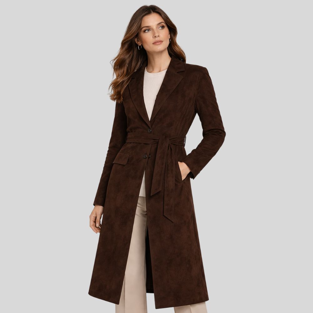 Damen Goatsuede Mantel Dunkelbraun – Longline Belted Tailored Fit Wildledermantel