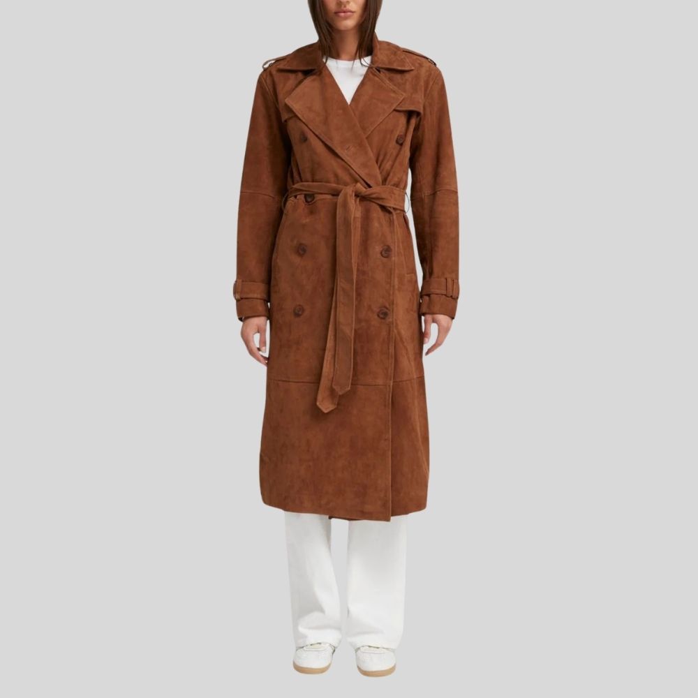 Damen Goatsuede Trenchcoat Rostbraun – Longline Belted Relaxed Tailored Fit Wildledermantel