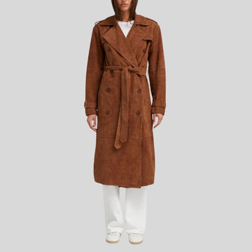 Damen Goatsuede Trenchcoat Rostbraun – Longline Belted Relaxed Tailored Fit Wildledermantel