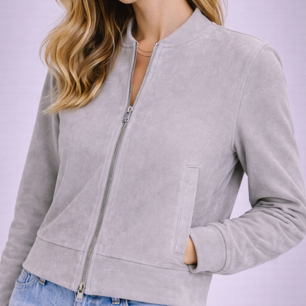 Damen Graue Goatsuede Bomberjacke – Slim Fit Aria Mist