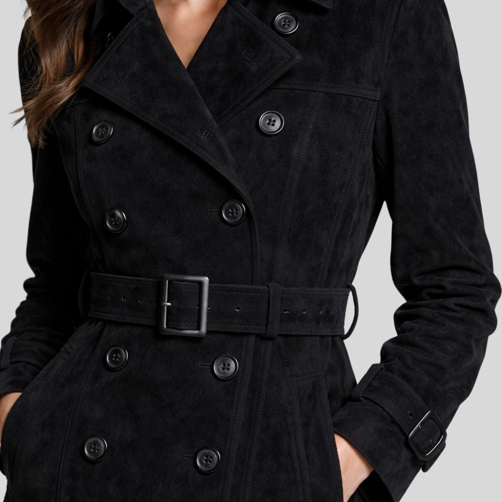 Damen Schwarzer Goatsuede Trenchcoat – Slim Fit Noir Élise