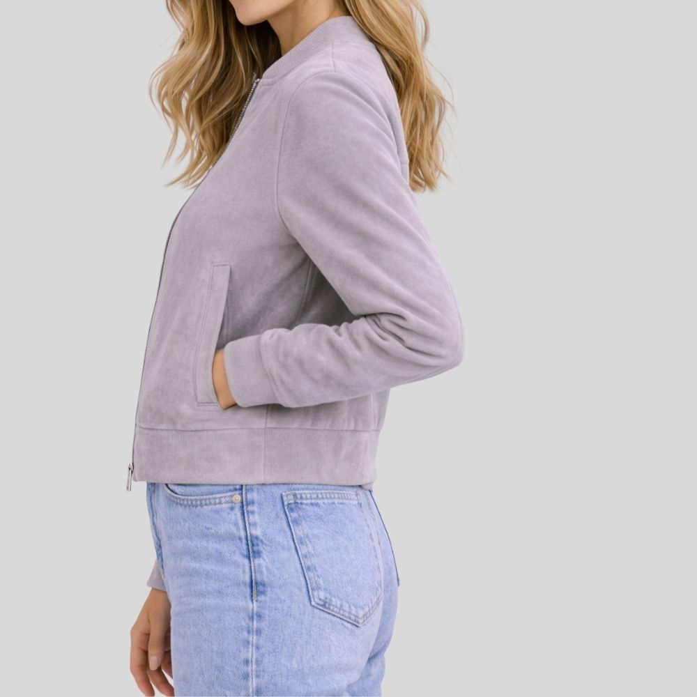 Damen Graue Goatsuede Bomberjacke – Slim Fit Aria Mist