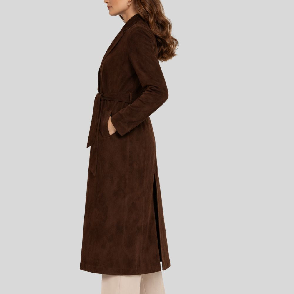 Damen Goatsuede Mantel Dunkelbraun – Longline Belted Tailored Fit Wildledermantel