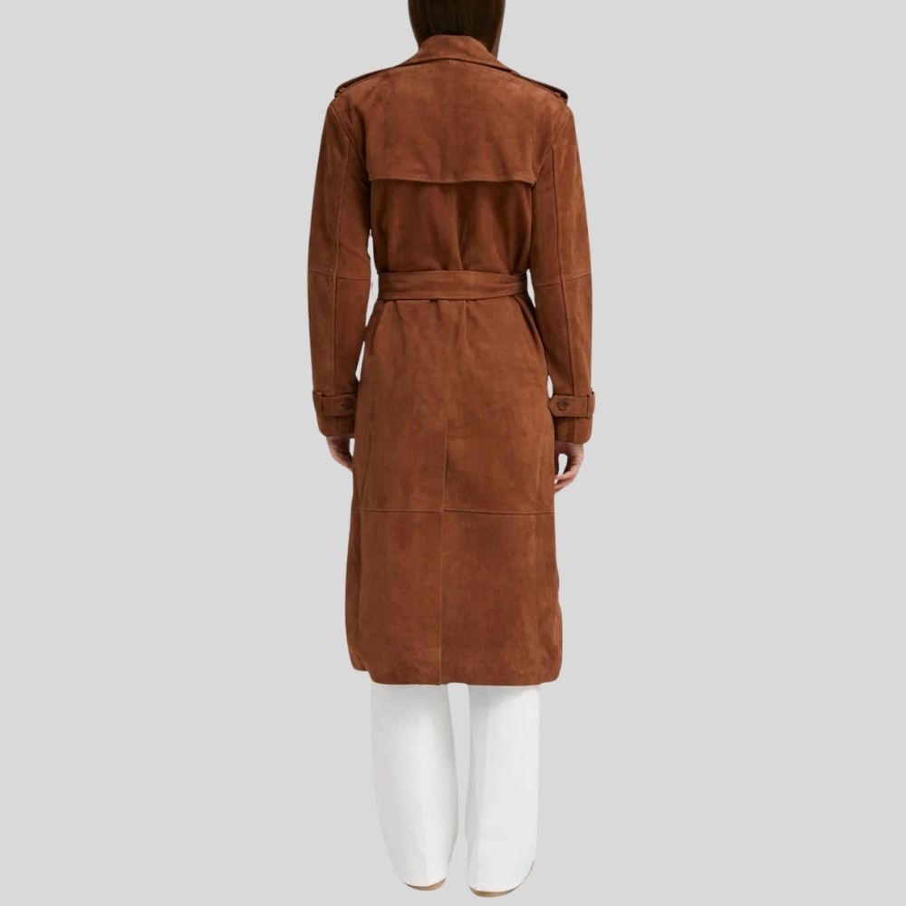 Damen Goatsuede Trenchcoat Rostbraun – Longline Belted Relaxed Tailored Fit Wildledermantel