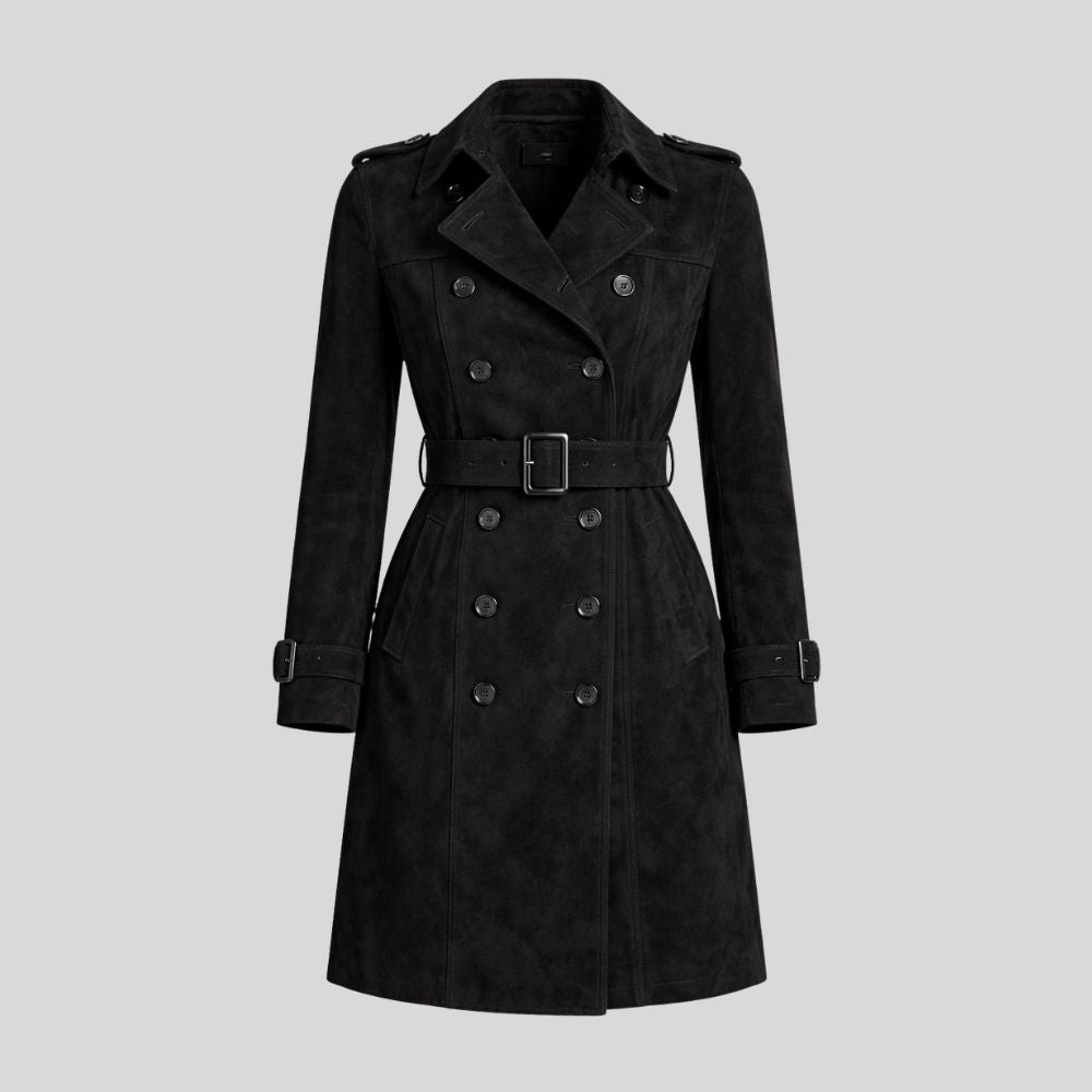 Damen Schwarzer Goatsuede Trenchcoat – Slim Fit Noir Élise