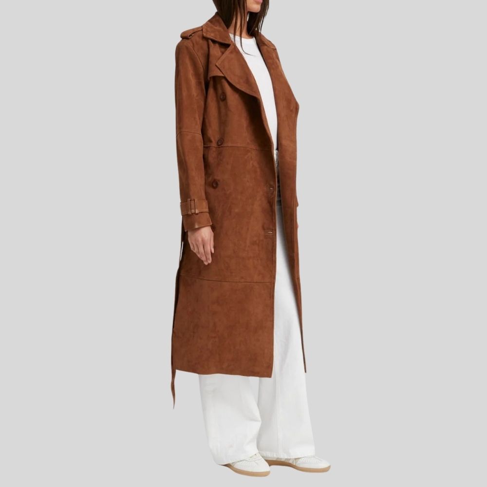 Damen Goatsuede Trenchcoat Rostbraun – Longline Belted Relaxed Tailored Fit Wildledermantel