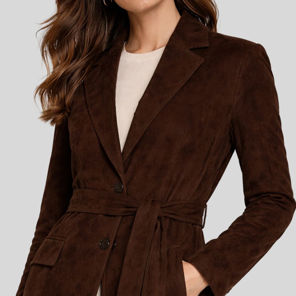 Damen Goatsuede Mantel Dunkelbraun – Longline Belted Tailored Fit Wildledermantel