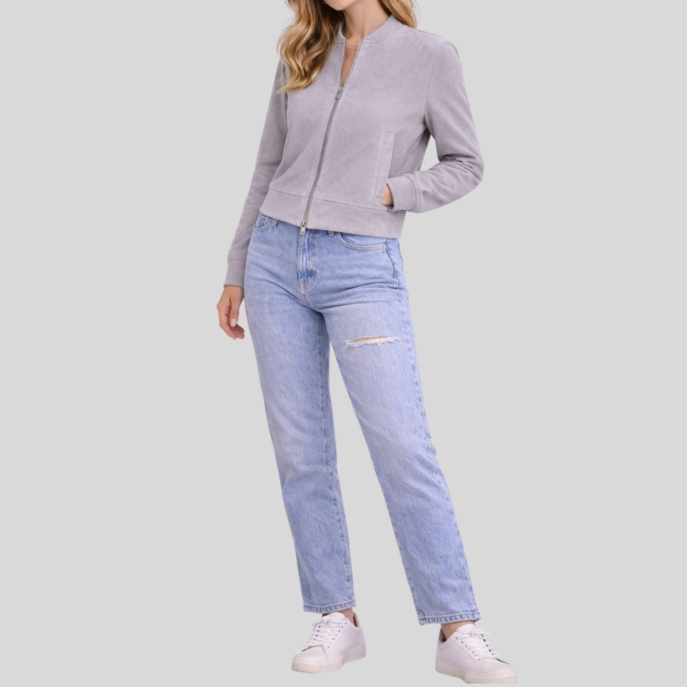 Damen Graue Goatsuede Bomberjacke – Slim Fit Aria Mist