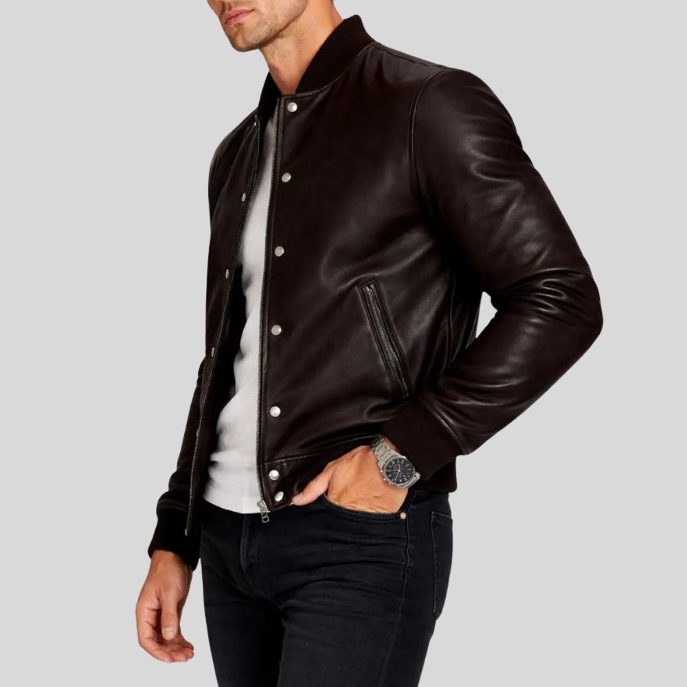 Herren Lederjacke Bomberjacke Dunkelbraun – Klassisches Design