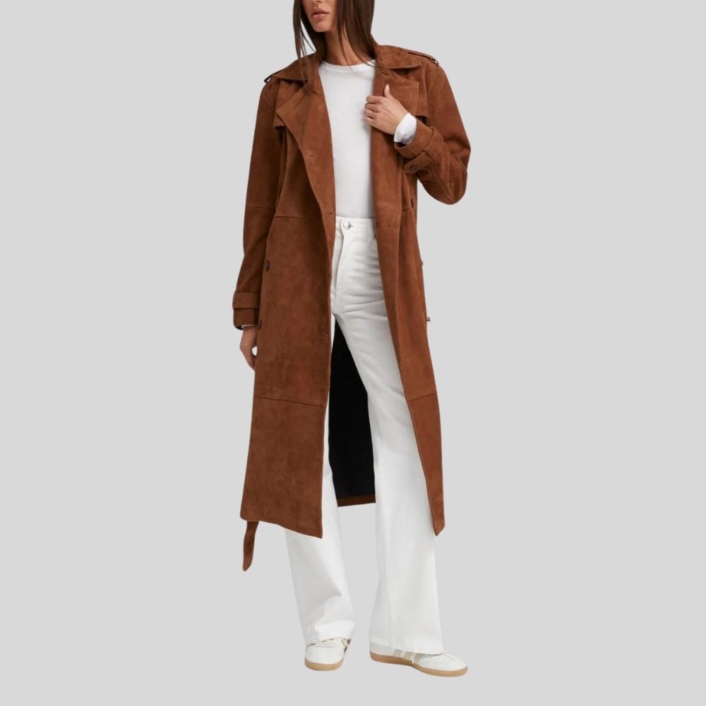 Damen Goatsuede Trenchcoat Rostbraun – Longline Belted Relaxed Tailored Fit Wildledermantel