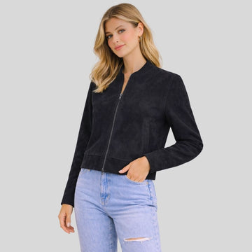Damen Schwarze Goatsuede Bomberjacke – Slim Fit Noira