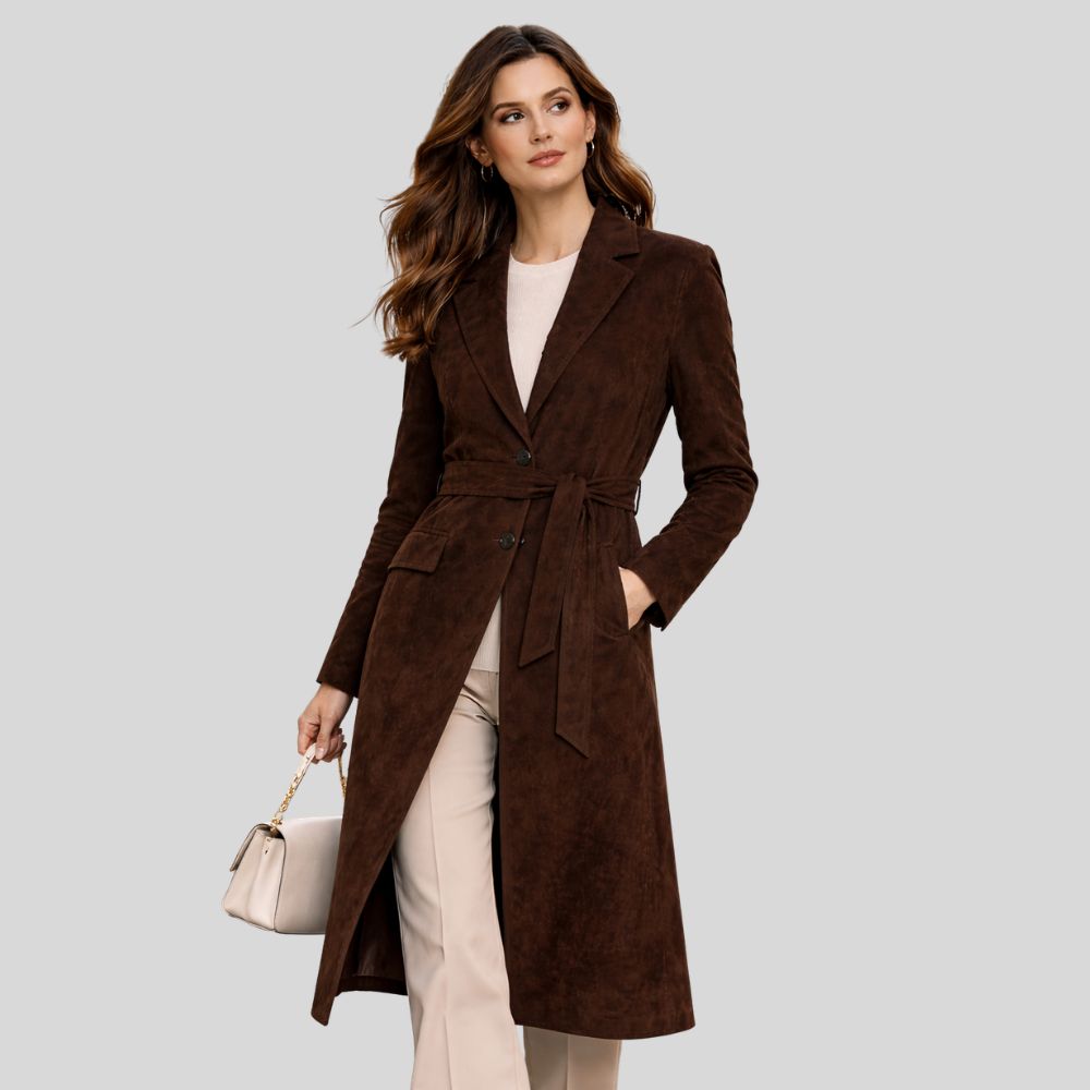 Damen Goatsuede Mantel Dunkelbraun – Longline Belted Tailored Fit Wildledermantel