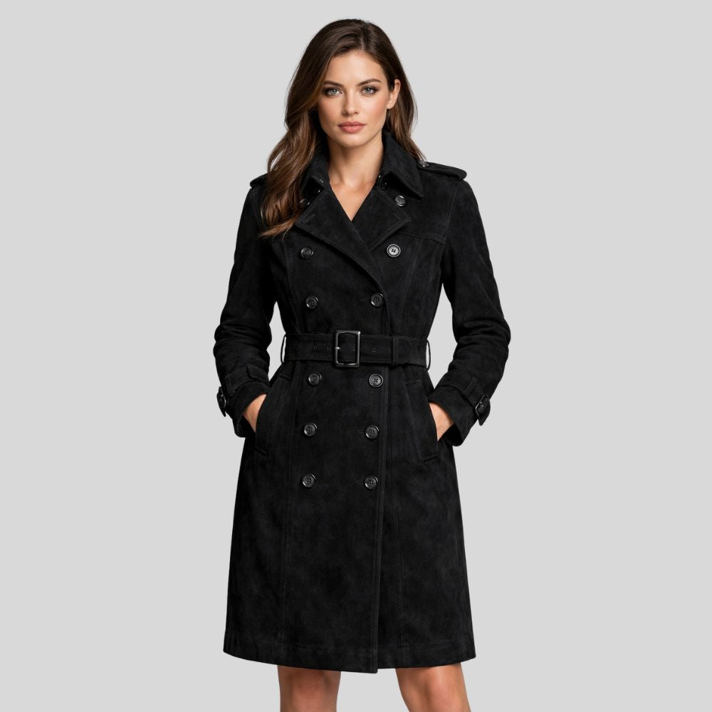 Damen Schwarzer Goatsuede Trenchcoat – Slim Fit Noir Élise