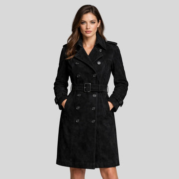 Damen Schwarzer Goatsuede Trenchcoat – Slim Fit Noir Élise