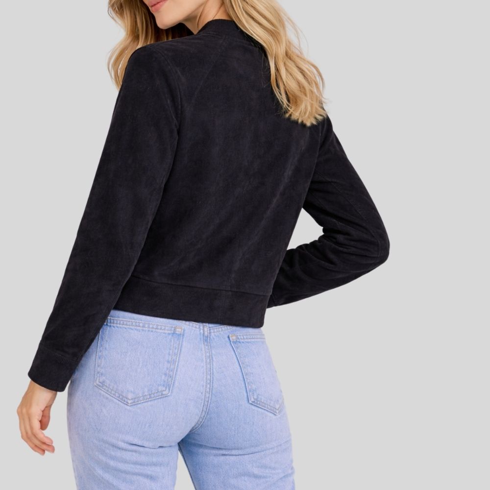 Damen Schwarze Goatsuede Bomberjacke – Slim Fit Noira