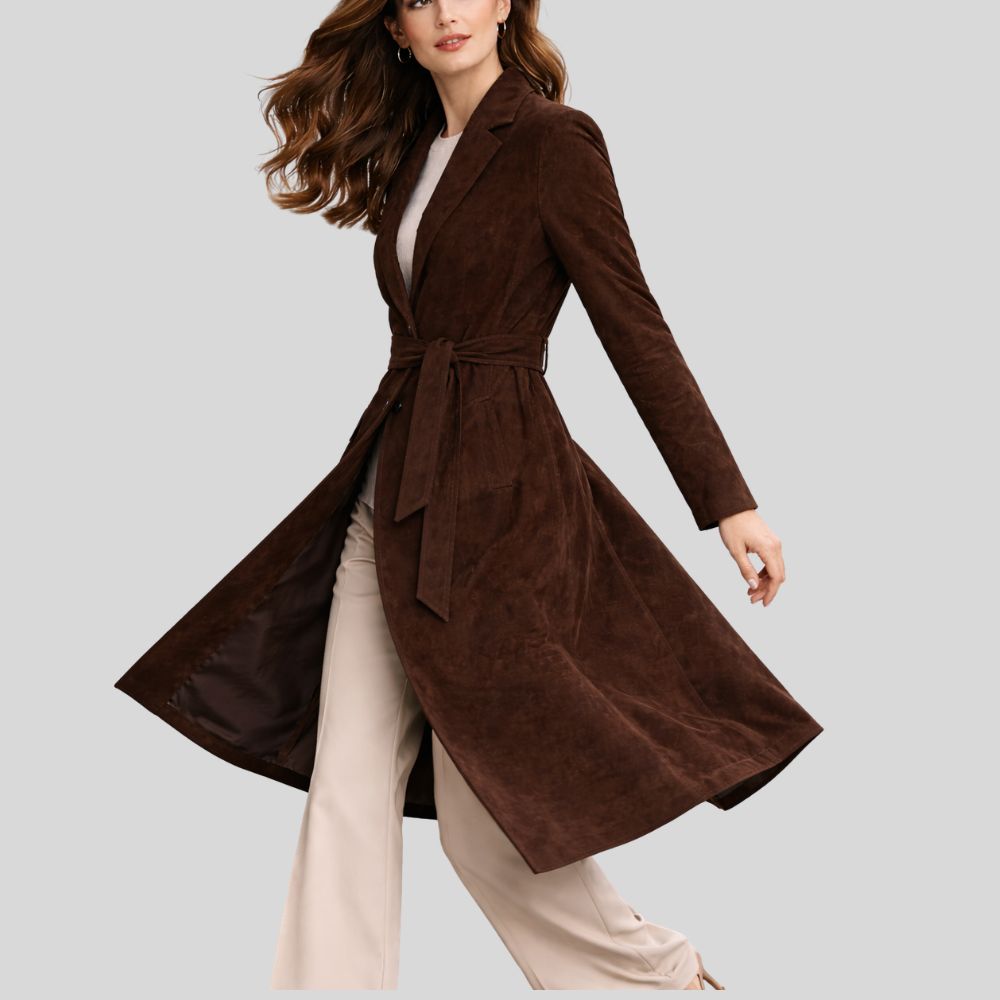 Damen Goatsuede Mantel Dunkelbraun – Longline Belted Tailored Fit Wildledermantel