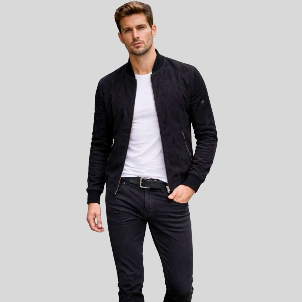 Herren Bomberjacke Wildleder Schwarz Zipper