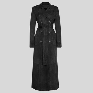 Damen Goatsuede Trenchcoat Vintage Schwarz – Longline Double Breasted Tailored Fit Wildledermantel