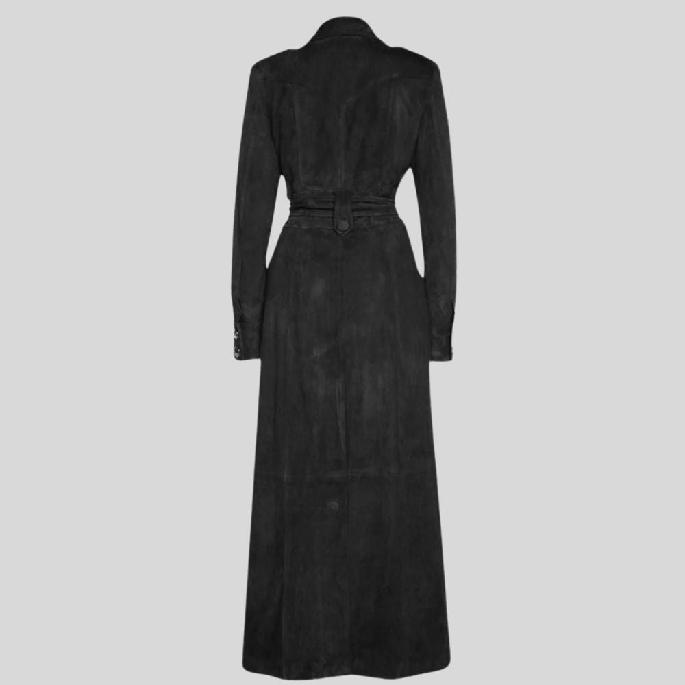 Damen Goatsuede Trenchcoat Vintage Schwarz – Longline Double Breasted Tailored Fit Wildledermantel