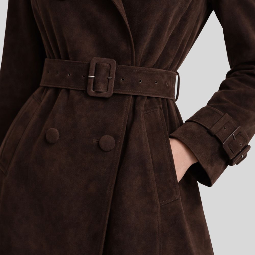 Damen Goatsuede Trenchcoat Dunkelbraun – Longline Double Breasted Tailored Fit Wildledermantel