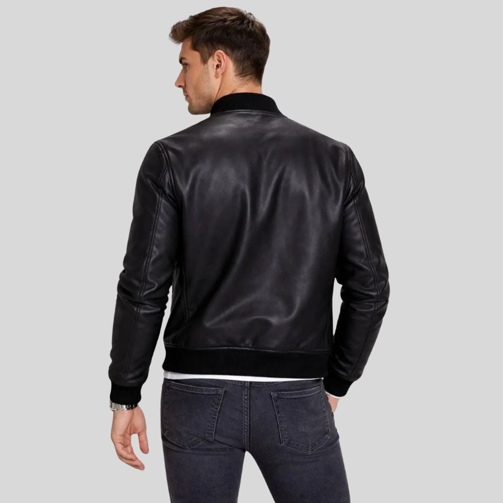 Herren Lederjacke Bomberjacke Schwarz – Glattleder mit Reißverschluss