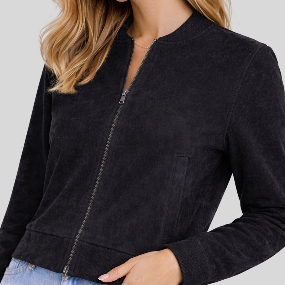 Damen Schwarze Goatsuede Bomberjacke – Slim Fit Noira