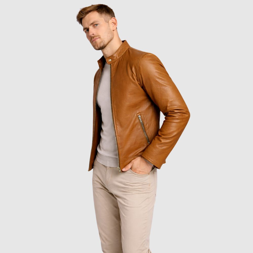 Herren Schaffell Lederjacke Hellbraun – Slim Fit Bomber