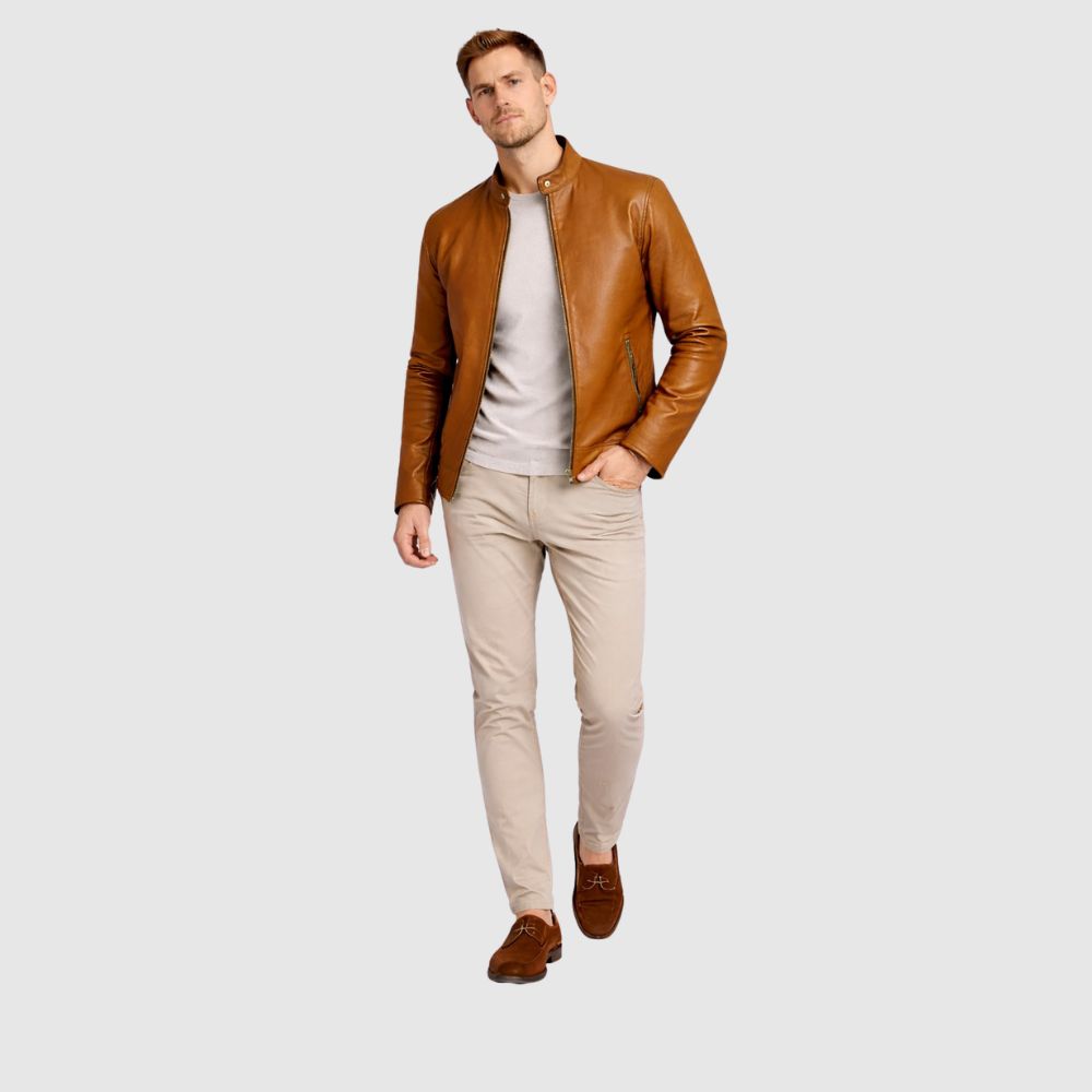 Herren Schaffell Lederjacke Hellbraun – Slim Fit Bomber