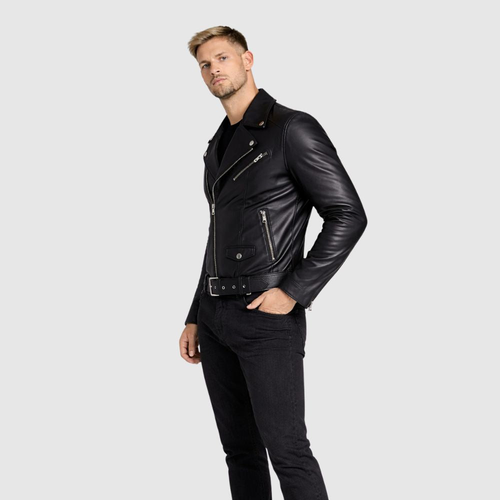 Bikerjacke Leder Schwarz mit Reverskragen