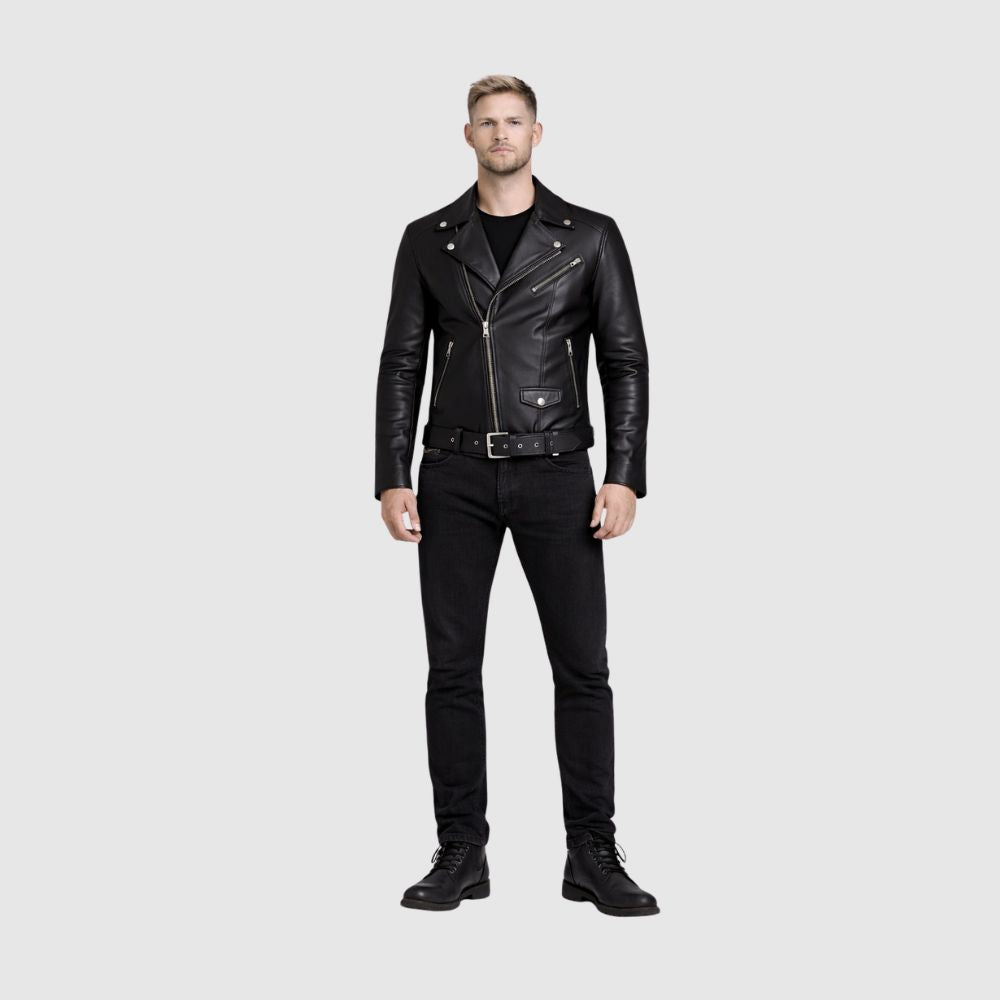 Bikerjacke Leder Schwarz mit Reverskragen