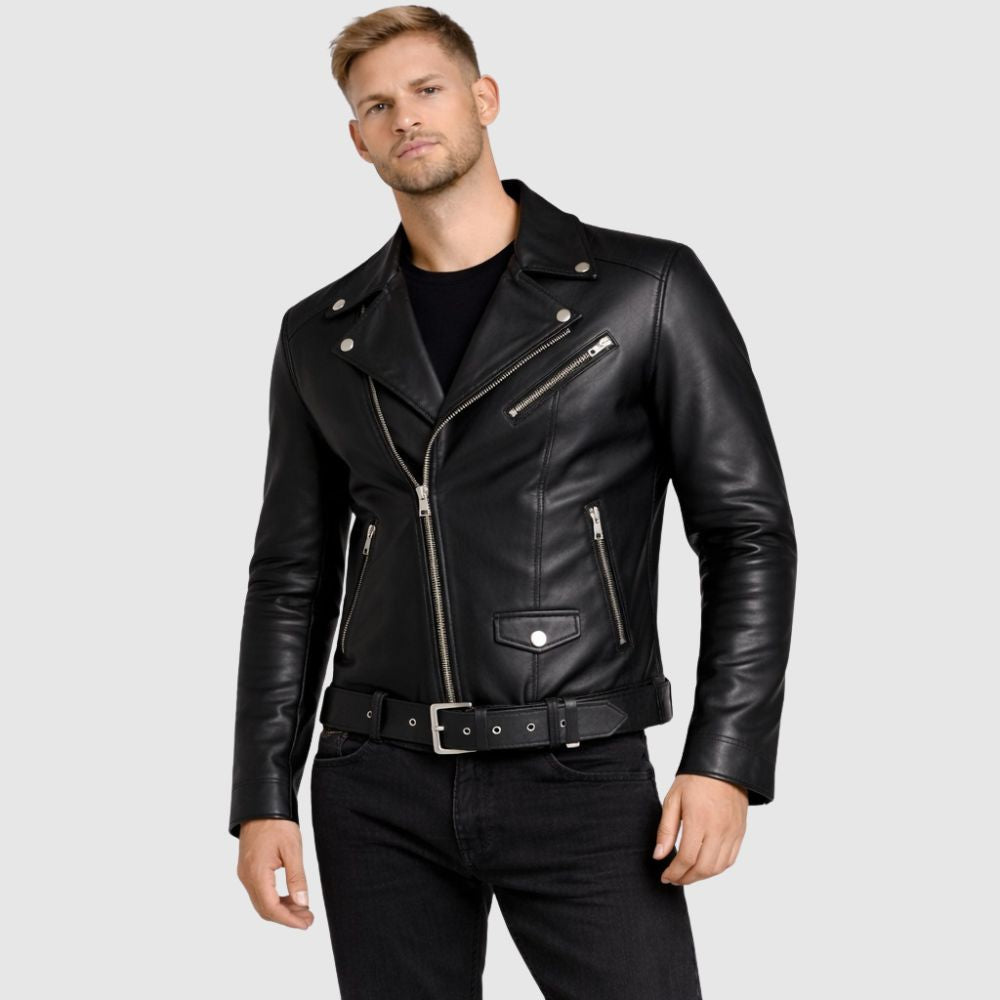 Bikerjacke Leder Schwarz mit Reverskragen