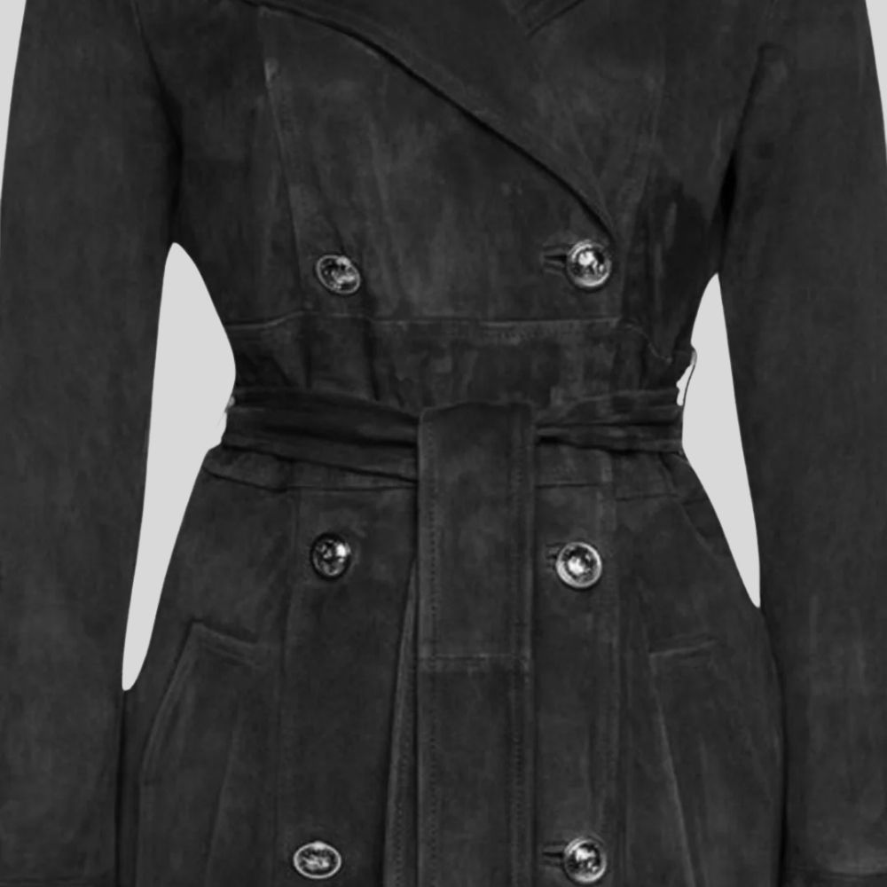 Damen Goatsuede Trenchcoat Vintage Schwarz – Longline Double Breasted Tailored Fit Wildledermantel