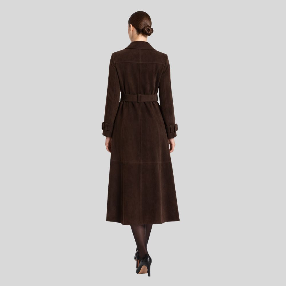 Damen Goatsuede Trenchcoat Dunkelbraun – Longline Double Breasted Tailored Fit Wildledermantel