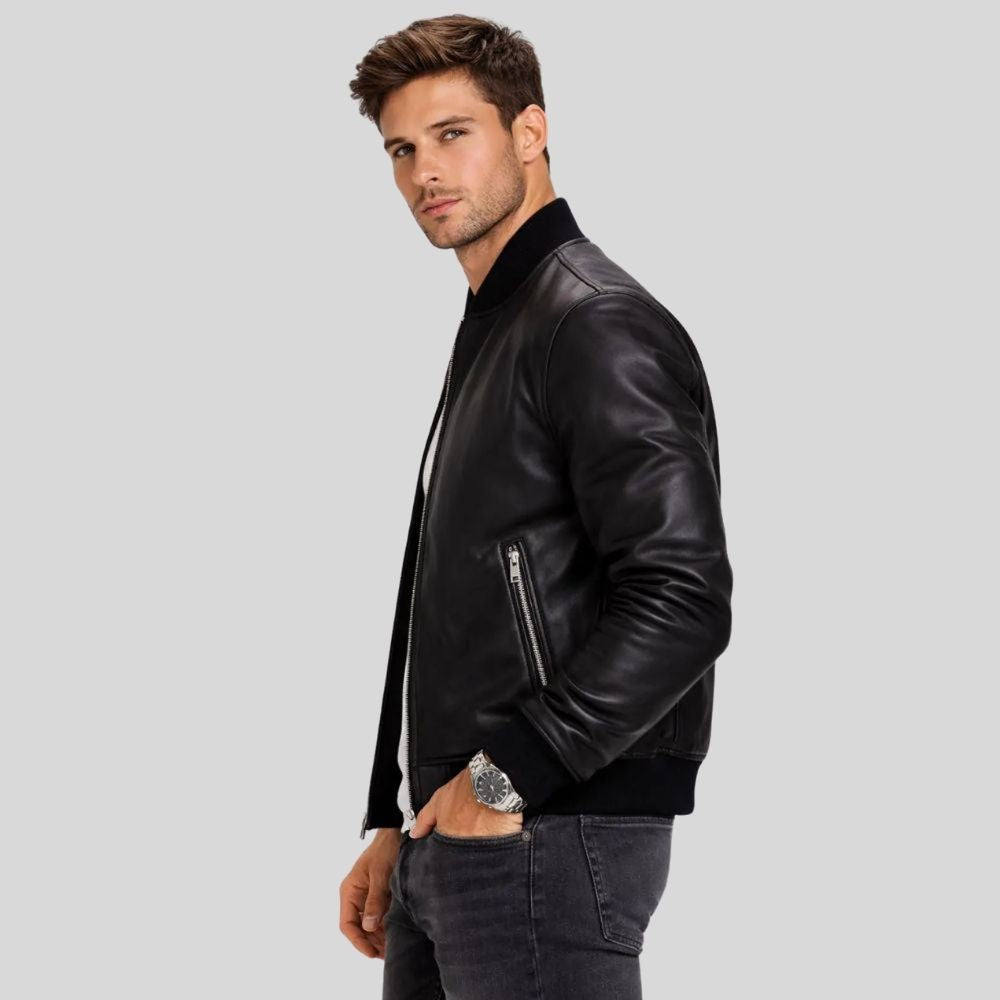 Herren Lederjacke Bomberjacke Schwarz – Glattleder mit Reißverschluss