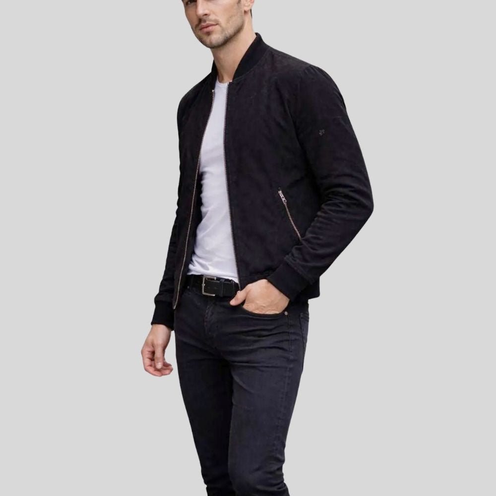 Herren Bomberjacke Wildleder Schwarz Zipper