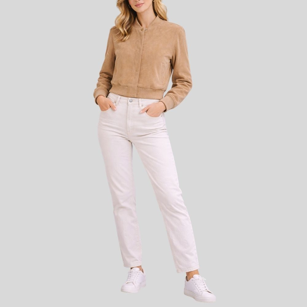 Damen Beige Goatsuede Bomberjacke – Slim Fit Luna Soft