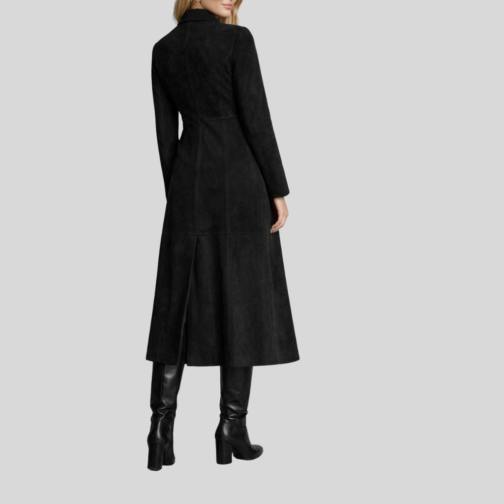 Damen Goatsuede Trenchcoat Schwarz – Longline Tailored Fit Wildledermantel